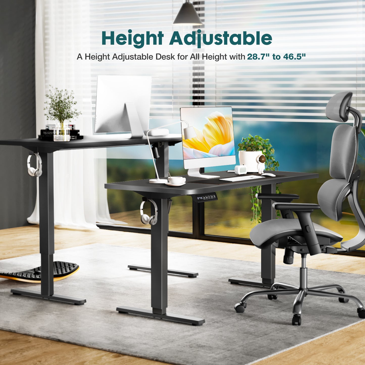 Electric Adjustable Height Standing Desk Sit To Stand Up Desk With Splice Board, Rising Home Office Computer Table With 2 Hook And Wire Hole For Work