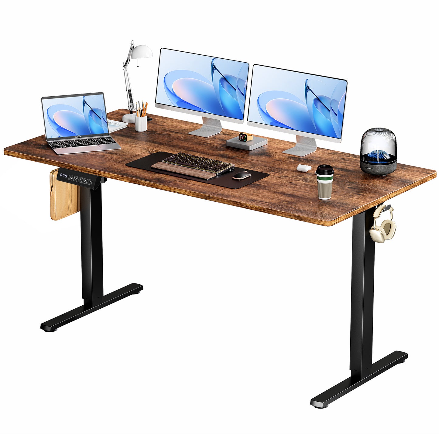 Electric Adjustable Height Standing Desk Sit To Stand Up Desk With Splice Board, Rising Home Office Computer Table With 2 Hook And Wire Hole For Work