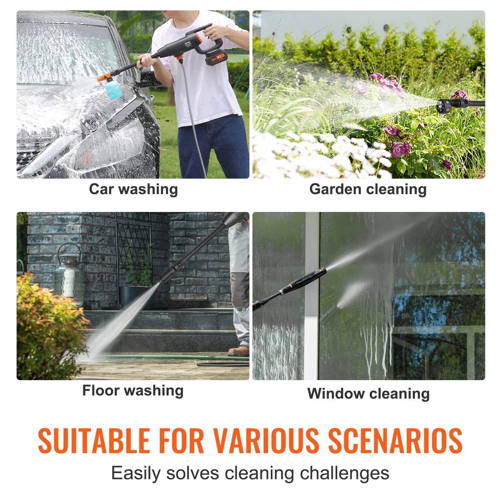 VEVOR Cordless Pressure Washer, 580-PSI 1.1 GPM Portable Power Cleaner, Handheld High-Pressure Car Washer Gun with 4.0Ah Battery, Charger, 6-In-1 Nozzle, for Home/Floor Cleaning & Watering