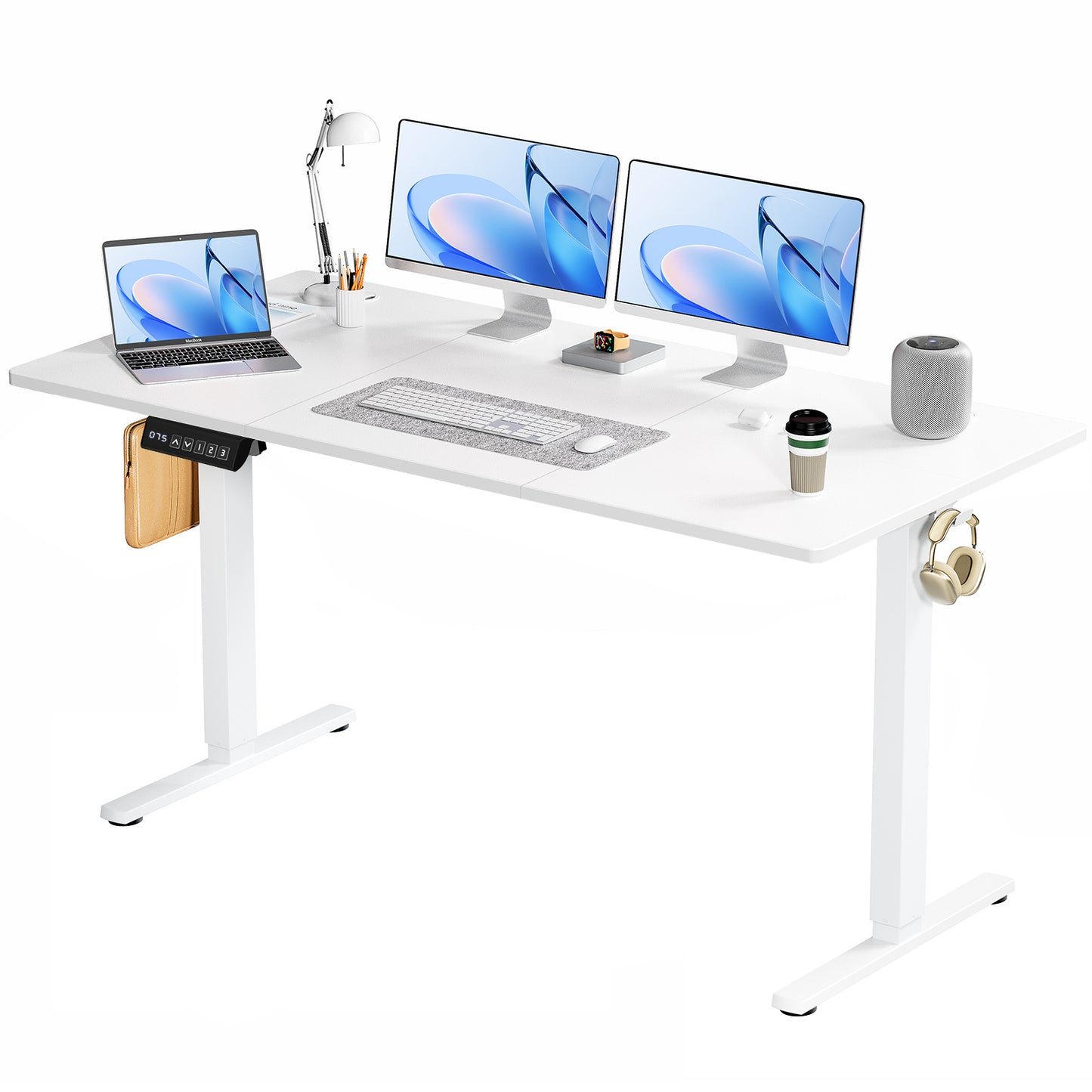 Electric Adjustable Height Standing Desk Sit To Stand Up Desk With Splice Board, Rising Home Office Computer Table With 2 Hook And Wire Hole For Work