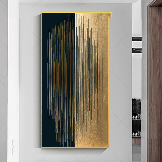 Pintura en lienzo minimalista moderna abstracta con líneas negras y doradas, decoración para galería del hogar