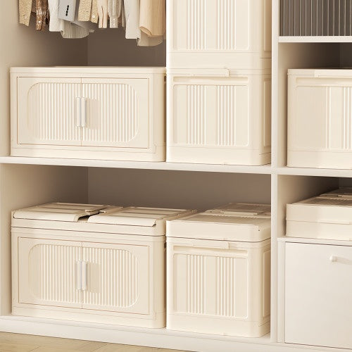 Cream White,19.69 Side Wide Folding Storage Cabinet ,5 Tiers,19.69x11.81x50.00,Collapsible Storage Bins With Magnetic Door, Plastic Storage Cabinet With Wheels