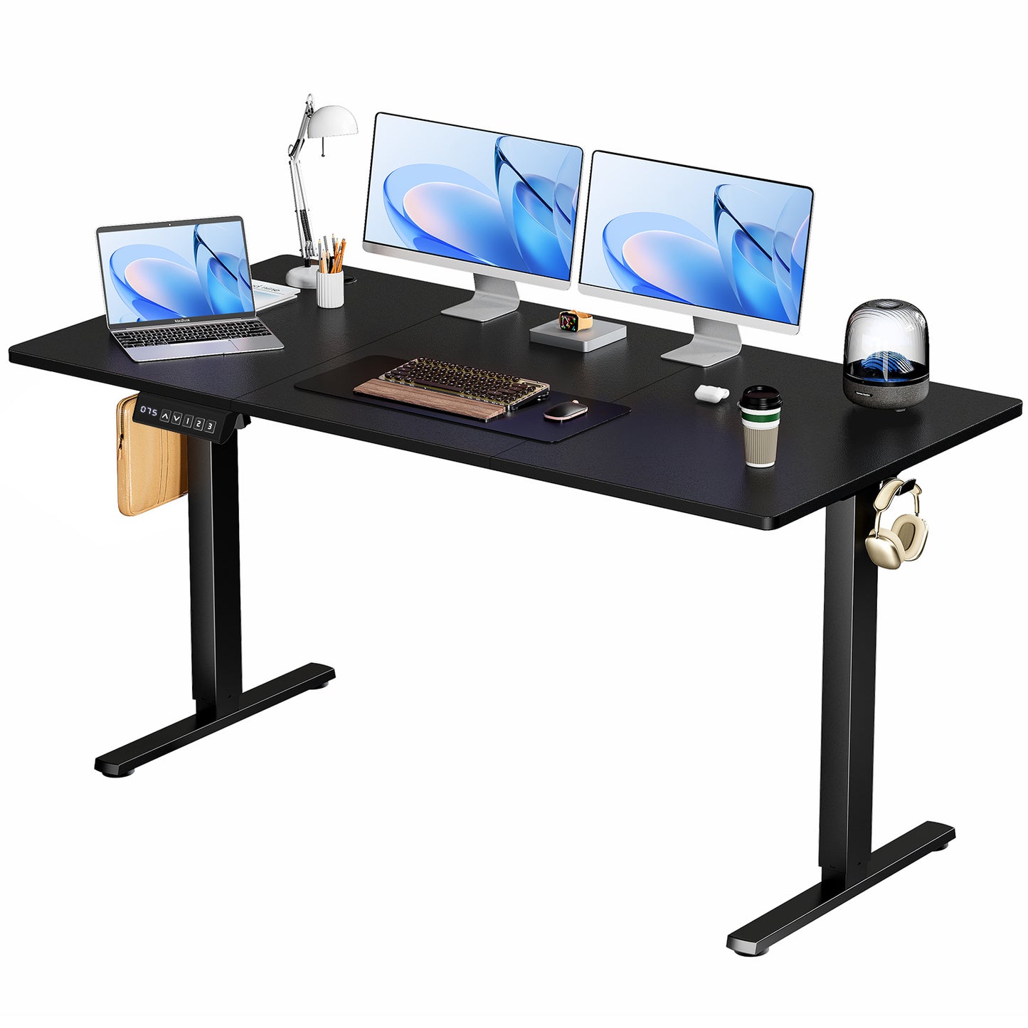 Electric Adjustable Height Standing Desk Sit To Stand Up Desk With Splice Board, Rising Home Office Computer Table With 2 Hook And Wire Hole For Work