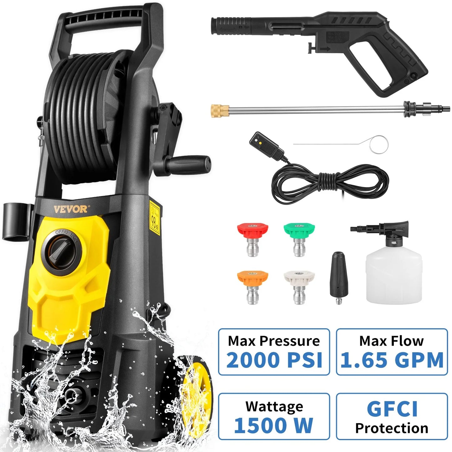 VEVOR Electric Pressure Washer, 2000 PSI, Max 1.65 GPM Power Washer W/ 30 Ft Hose & Reel, 5 Quick Connect Nozzles, Foam Cannon, Portable to Clean Patios, Cars, Fences, Driveways, ETL Listed