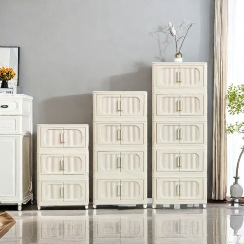 Cream White,19.69 Side Wide Folding Storage Cabinet ,5 Tiers,19.69x11.81x50.00,Collapsible Storage Bins With Magnetic Door, Plastic Storage Cabinet With Wheels