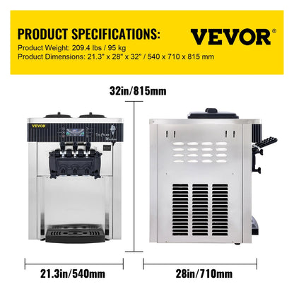 VEVOR Commercial Ice Cream Machine 5.3 to 7.4Gal per Hour Soft Serve with LED Display Auto Clean 3 Flavors Perfect for Restaurants Snack Bar, 2200W, Sliver