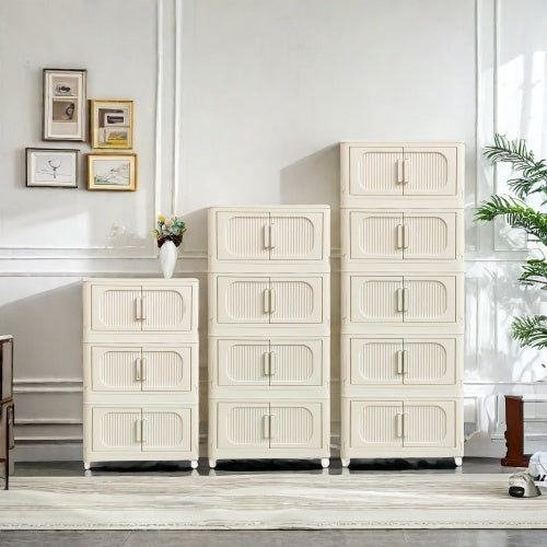 Cream White,19.69 Side Wide Folding Storage Cabinet ,5 Tiers,19.69x11.81x50.00,Collapsible Storage Bins With Magnetic Door, Plastic Storage Cabinet With Wheels