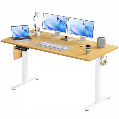 Electric Adjustable Height Standing Desk Sit To Stand Up Desk With Splice Board, Rising Home Office Computer Table With 2 Hook And Wire Hole For Work